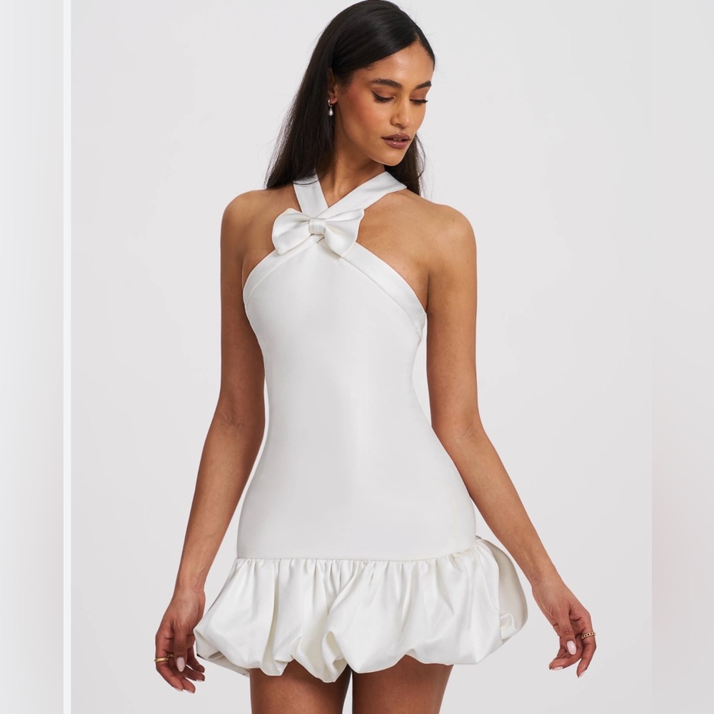 White Halter Mini Dress with Bow and Ruffled Hem